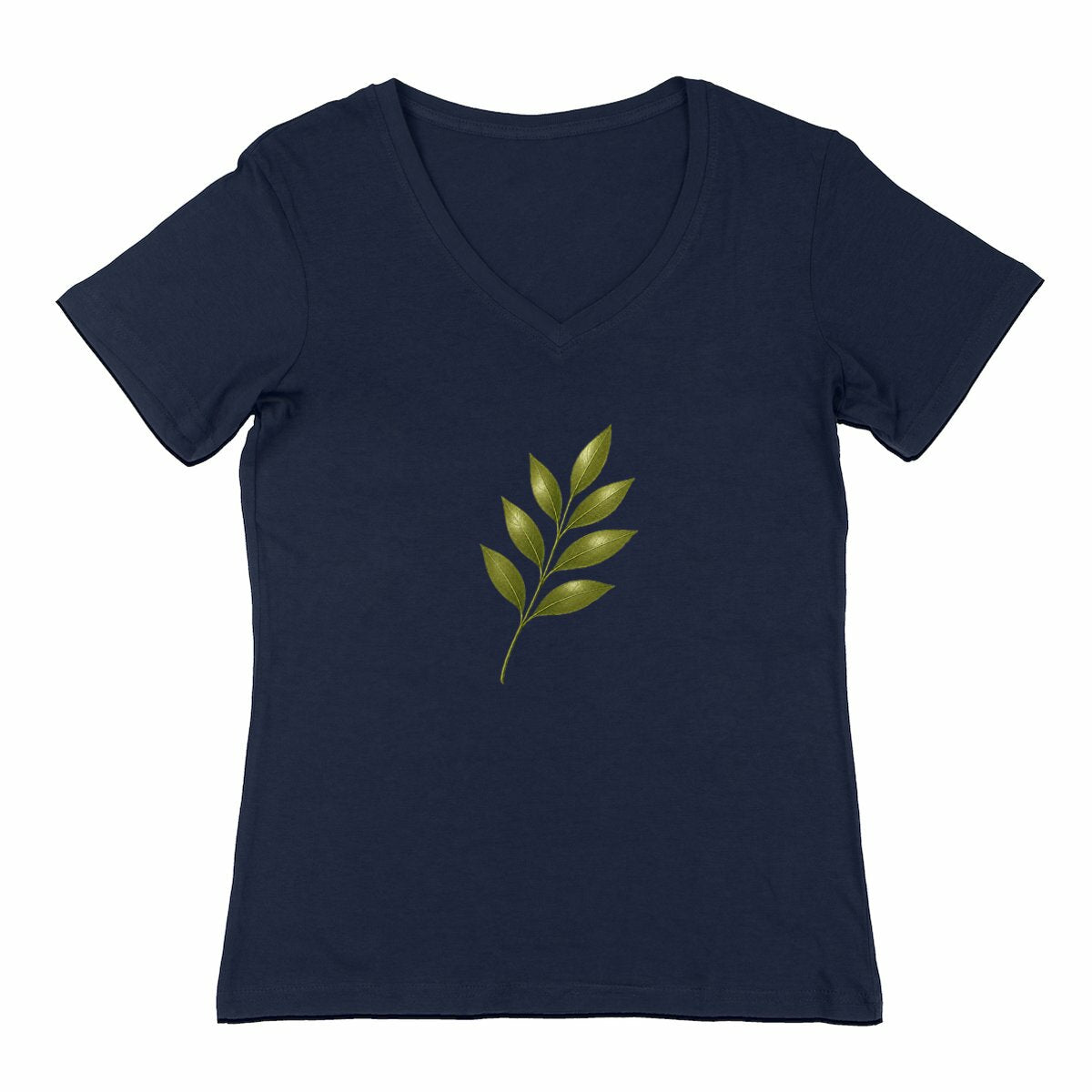 T-shirt Femme Col V : Élégance Naturelle avec Tige et Feuilles Vertes - face_0