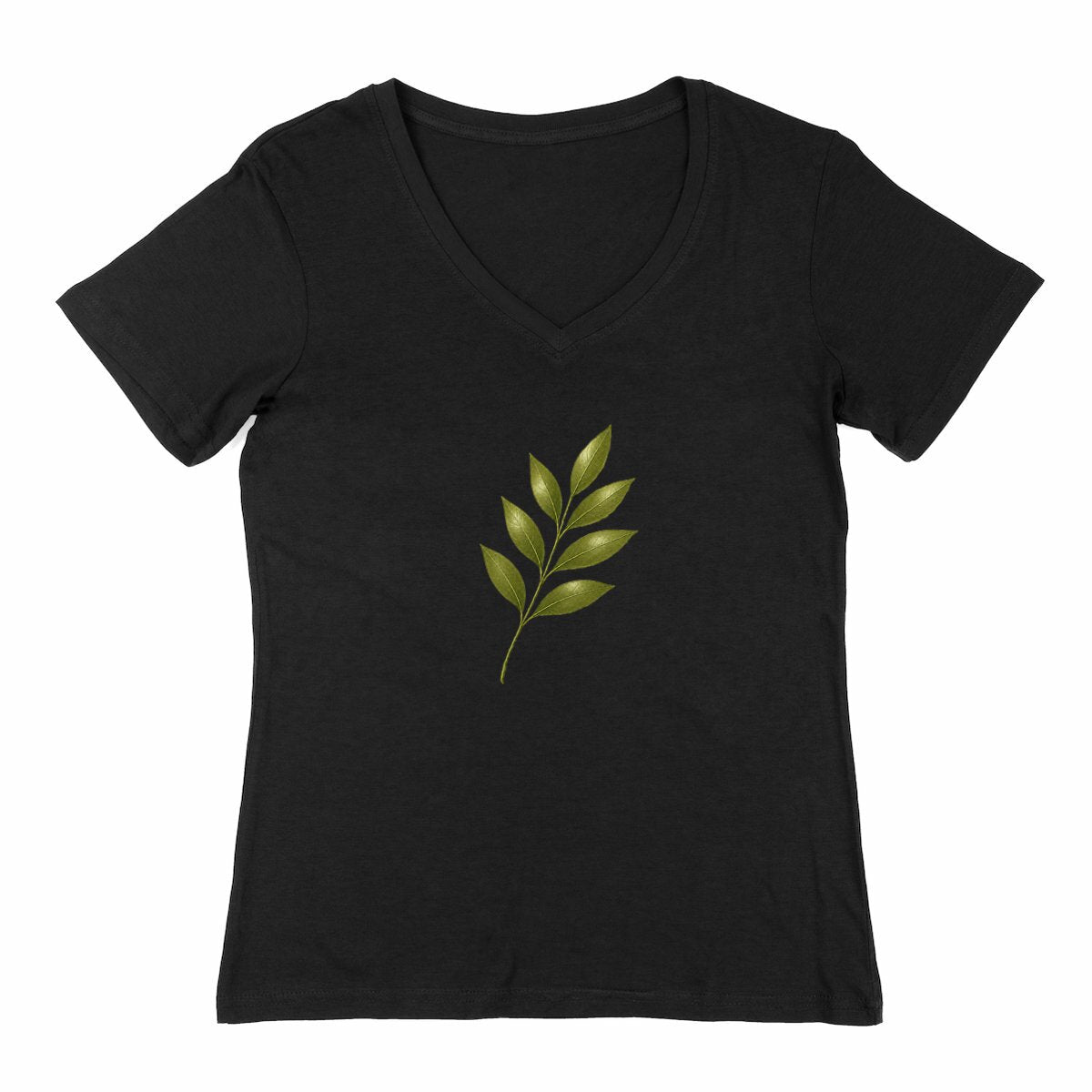 T-shirt Femme Col V : Élégance Naturelle avec Tige et Feuilles Vertes - face_1