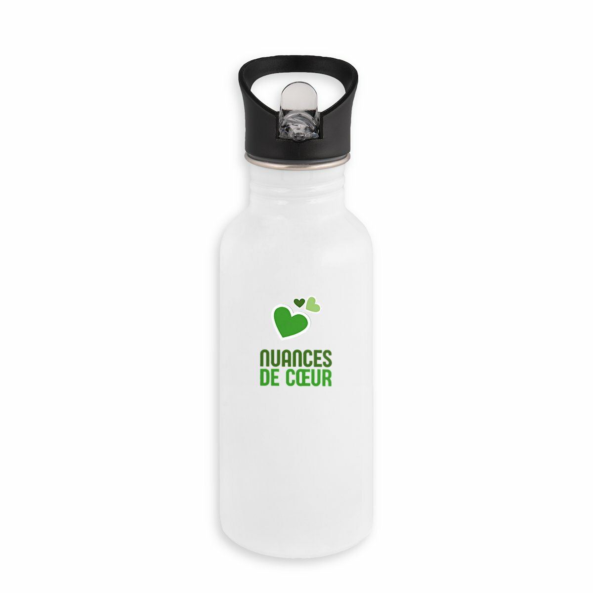 Bouteille en inox avec paille - Élégance des nuances de coeur vert - face_blanc