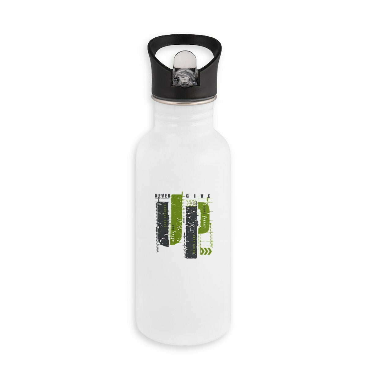 Bouteille en inox avec paille - Élégance en gris et vert olive - face_blanc
