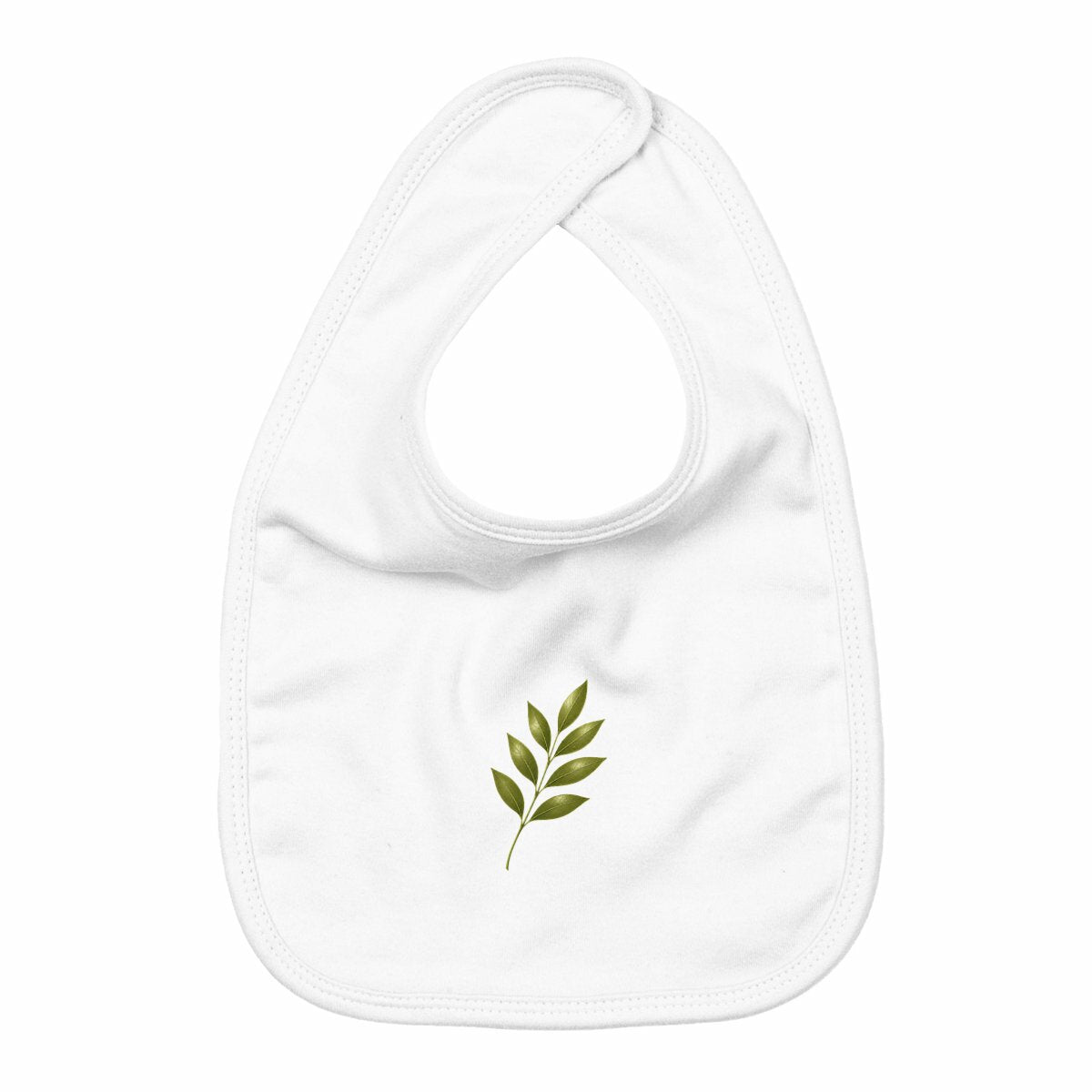 Bavoir : Élégance Naturelle avec Tige et Feuilles Vertes - face_blanc