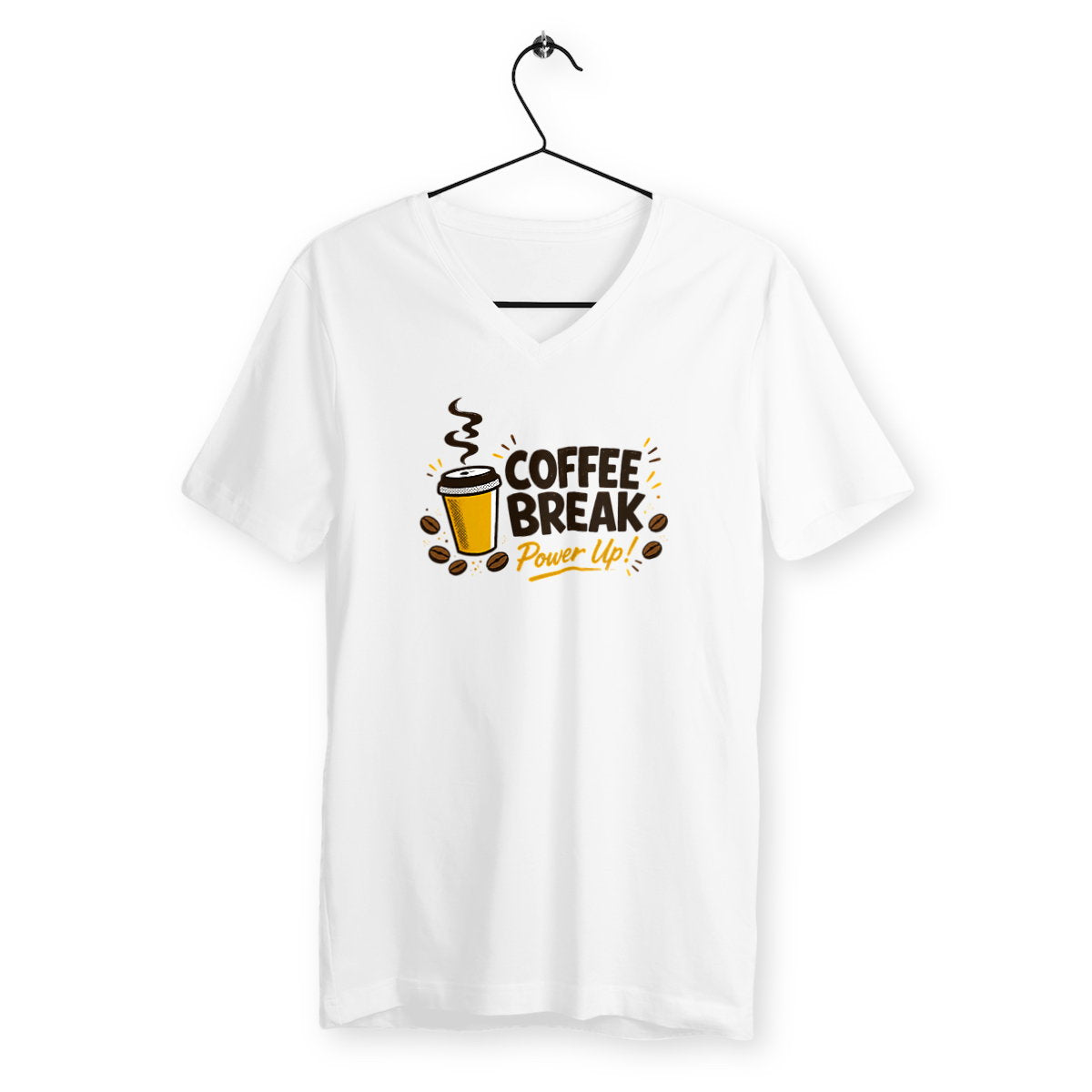 T-shirt Homme Col V - Pause café - face_blanc