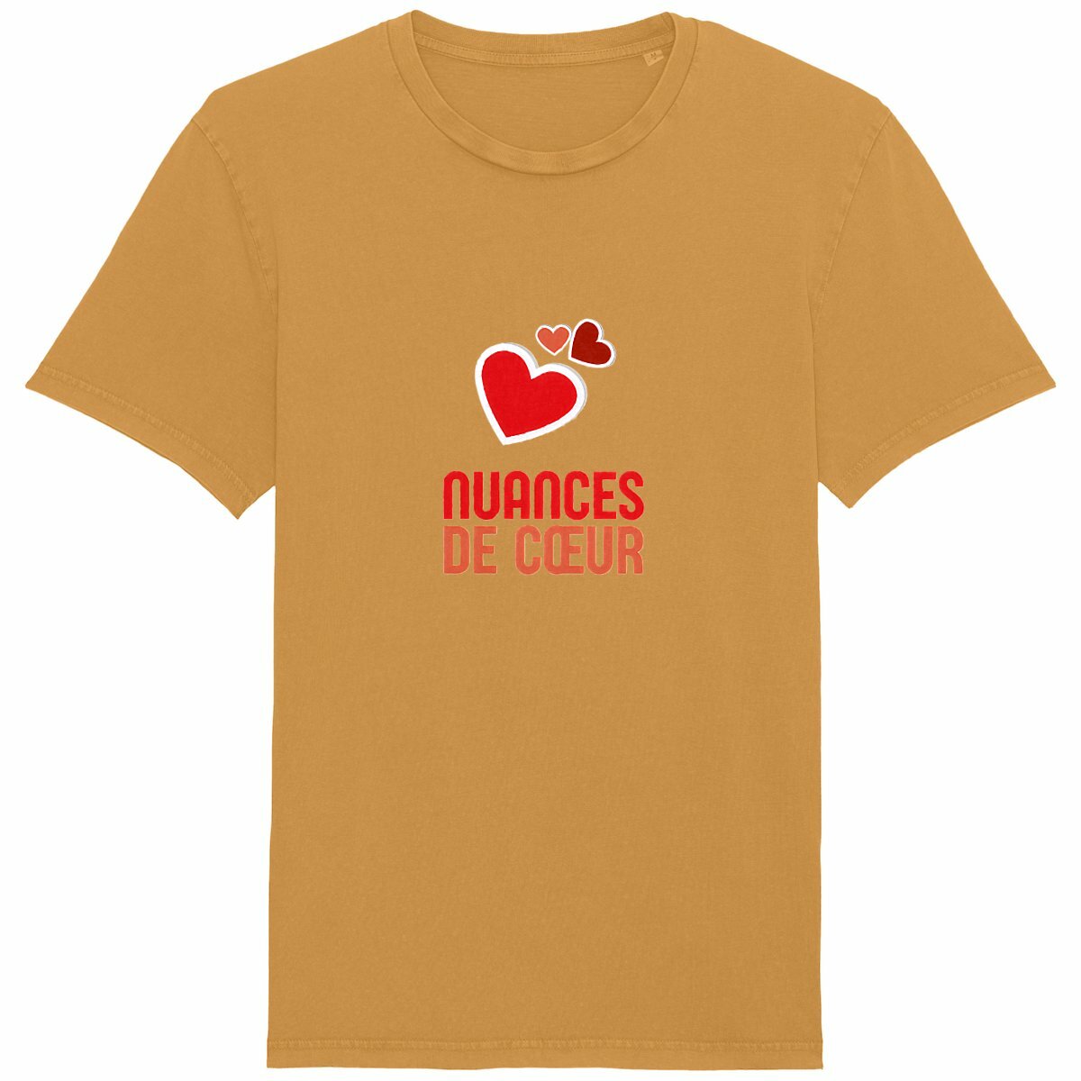 T-shirt Unisexe Vintage aux nuances de coeurs rouges - face_jaune