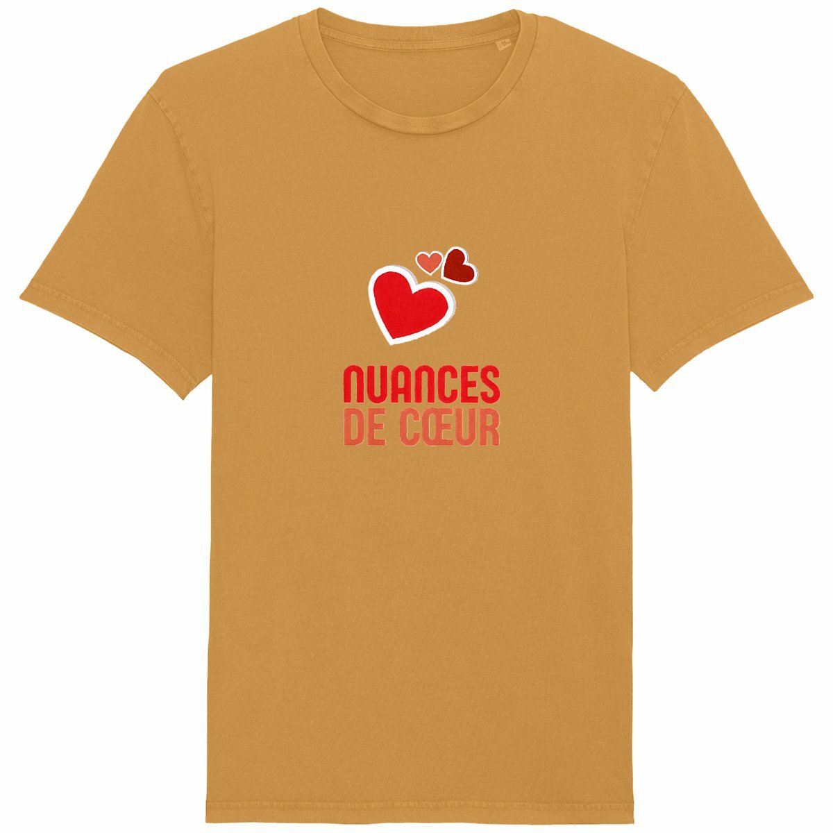 T-shirt Unisexe Vintage : Nuances de Coeurs Rouges - face_jaune