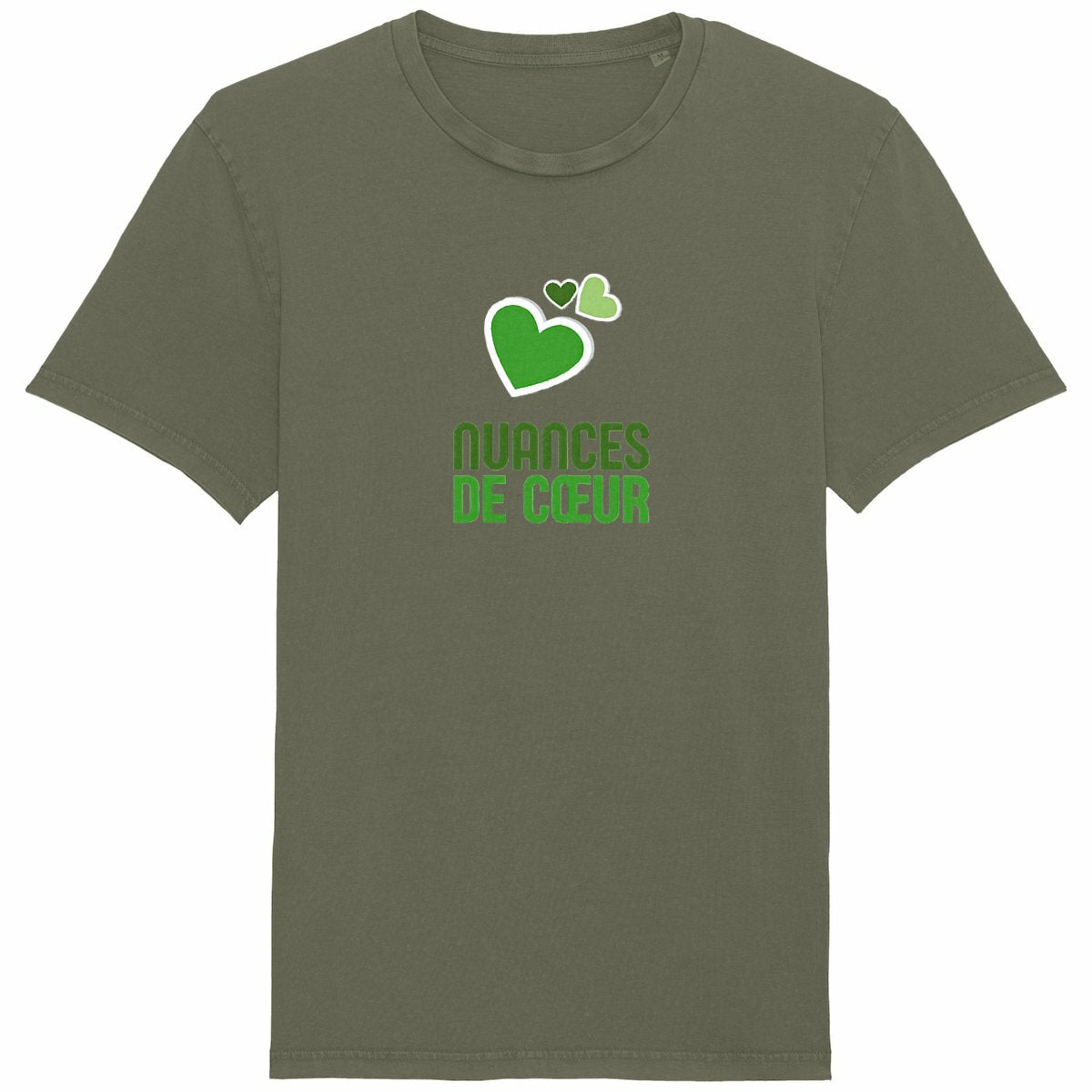 T-shirt Unisexe Vintage - Éclats de Coeurs Verts - face_kaki