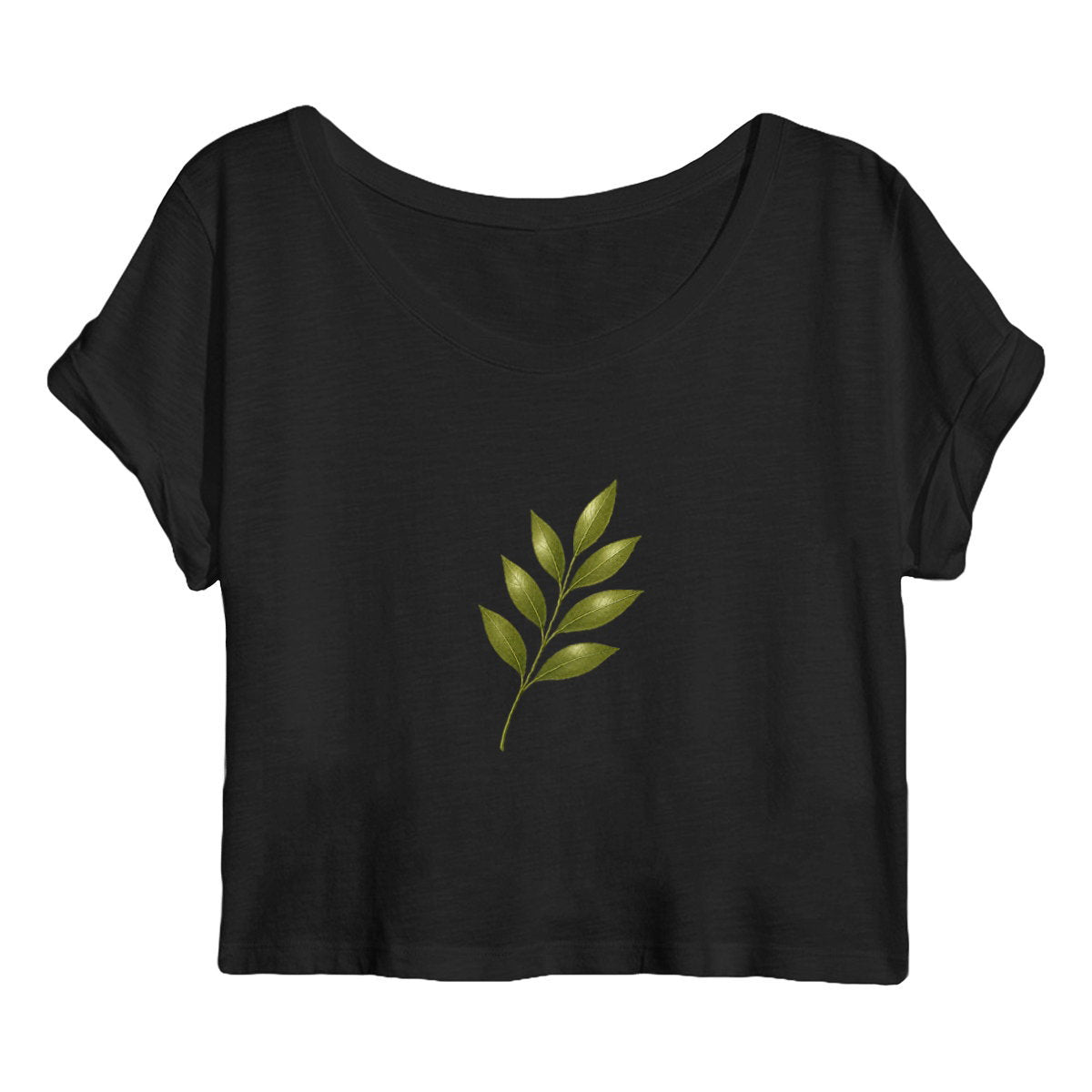 Crop top Femme - Élégance Naturelle avec Tige et Feuilles Vertes - face_noir