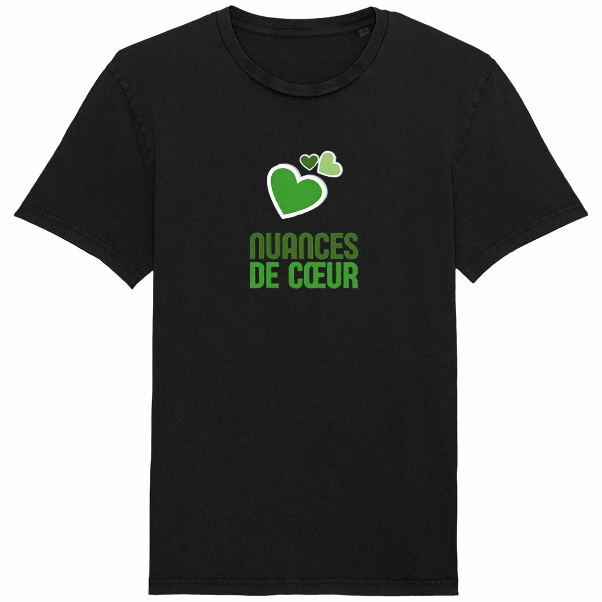 T-shirt Unisexe Vintage - Éclats de Coeurs Verts - face_noir