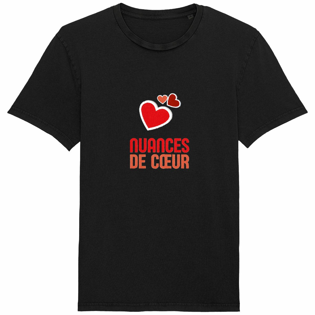 T-shirt Unisexe Vintage : Nuances de Coeurs Rouges - face_noir