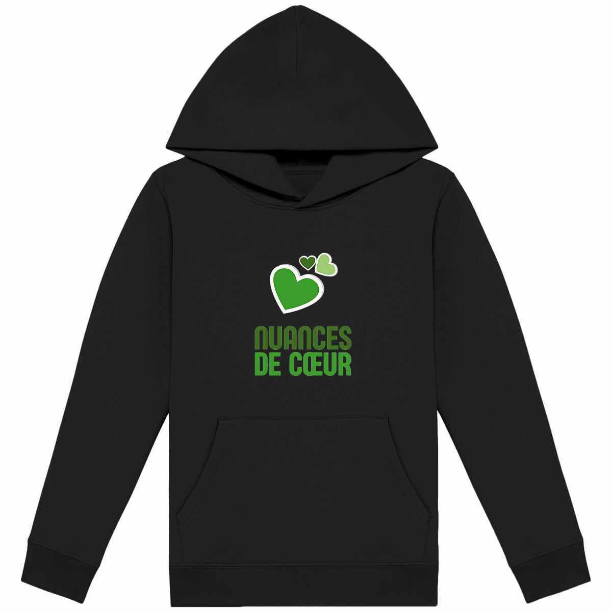 Sweat à capuche Léger Enfant - Amour en Nuances de Coeurs Verts - face_noir