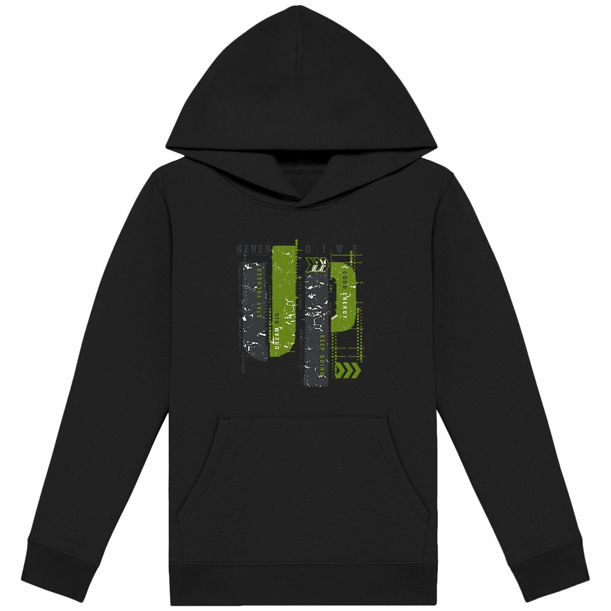 Sweat à capuche Léger Enfant - Élégance en Gris et Vert Olive - face_noir