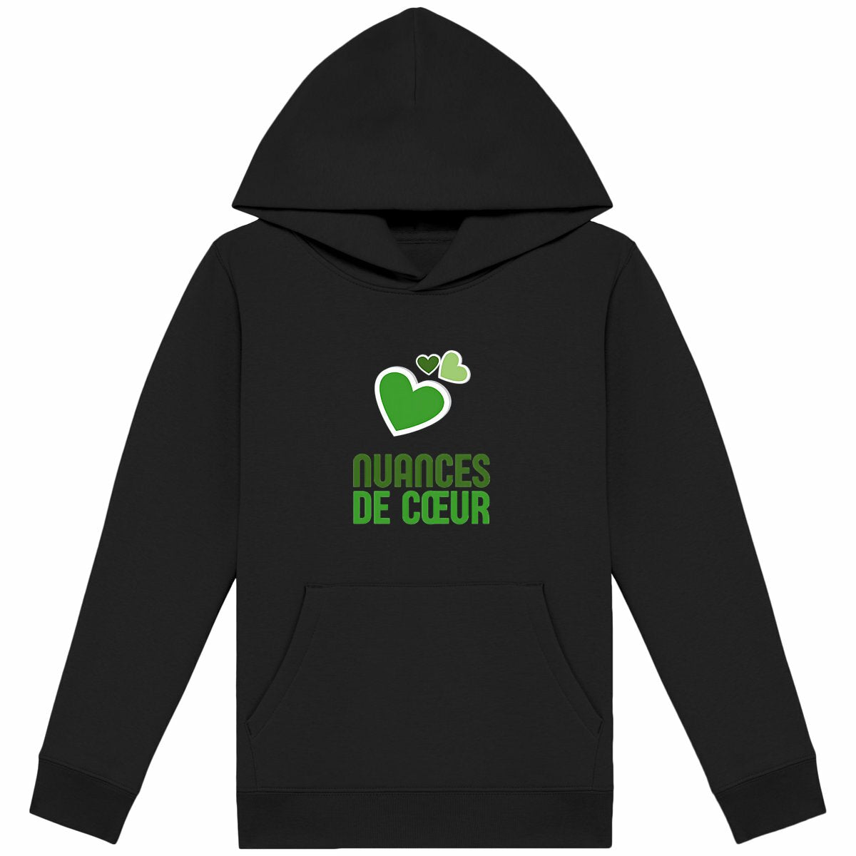 Sweat à capuche Léger Enfant - Douceur des Coeurs Verts - face_noir