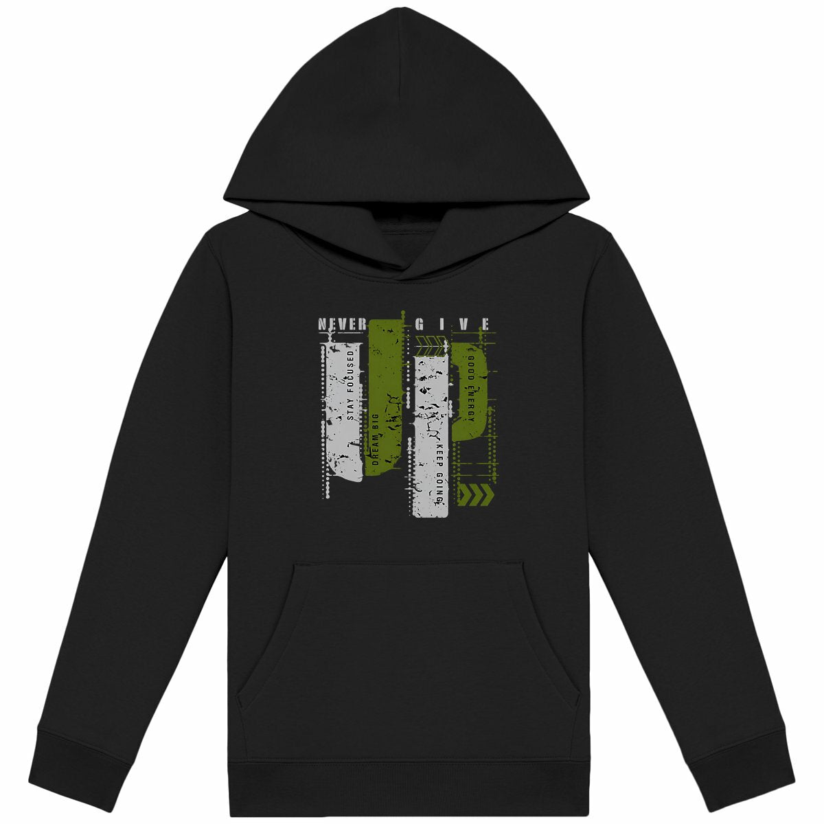 Sweat à capuche Léger Enfant : Élégance en Gris et Vert Olive - face_noir