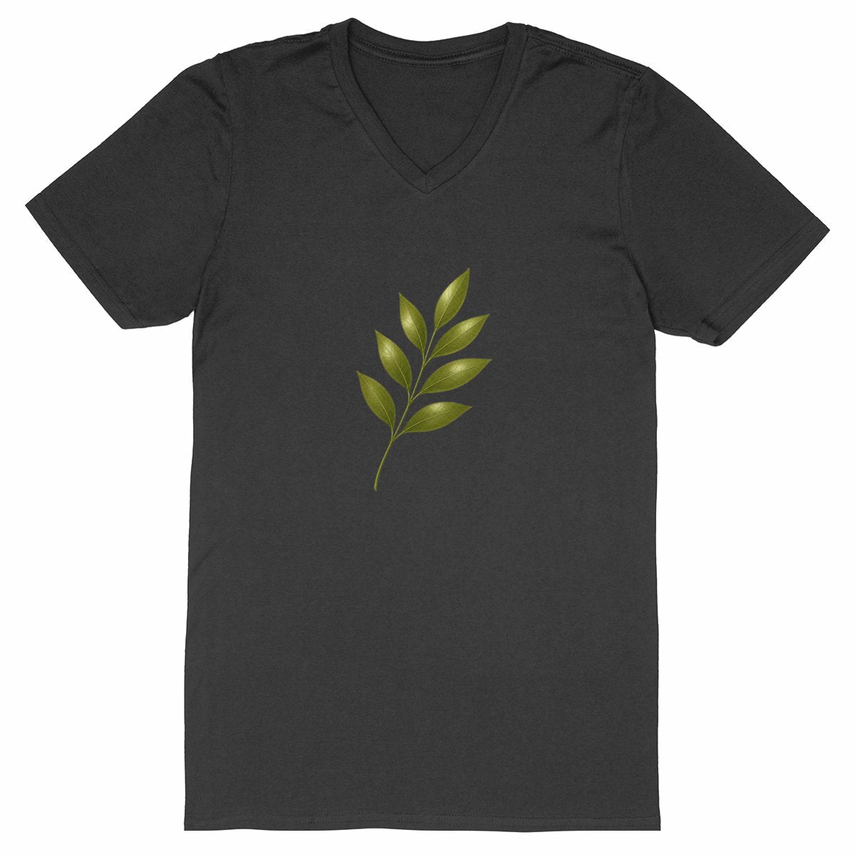 T-shirt Homme Col V - Élégance Naturelle avec Tige et Feuilles - face_noir