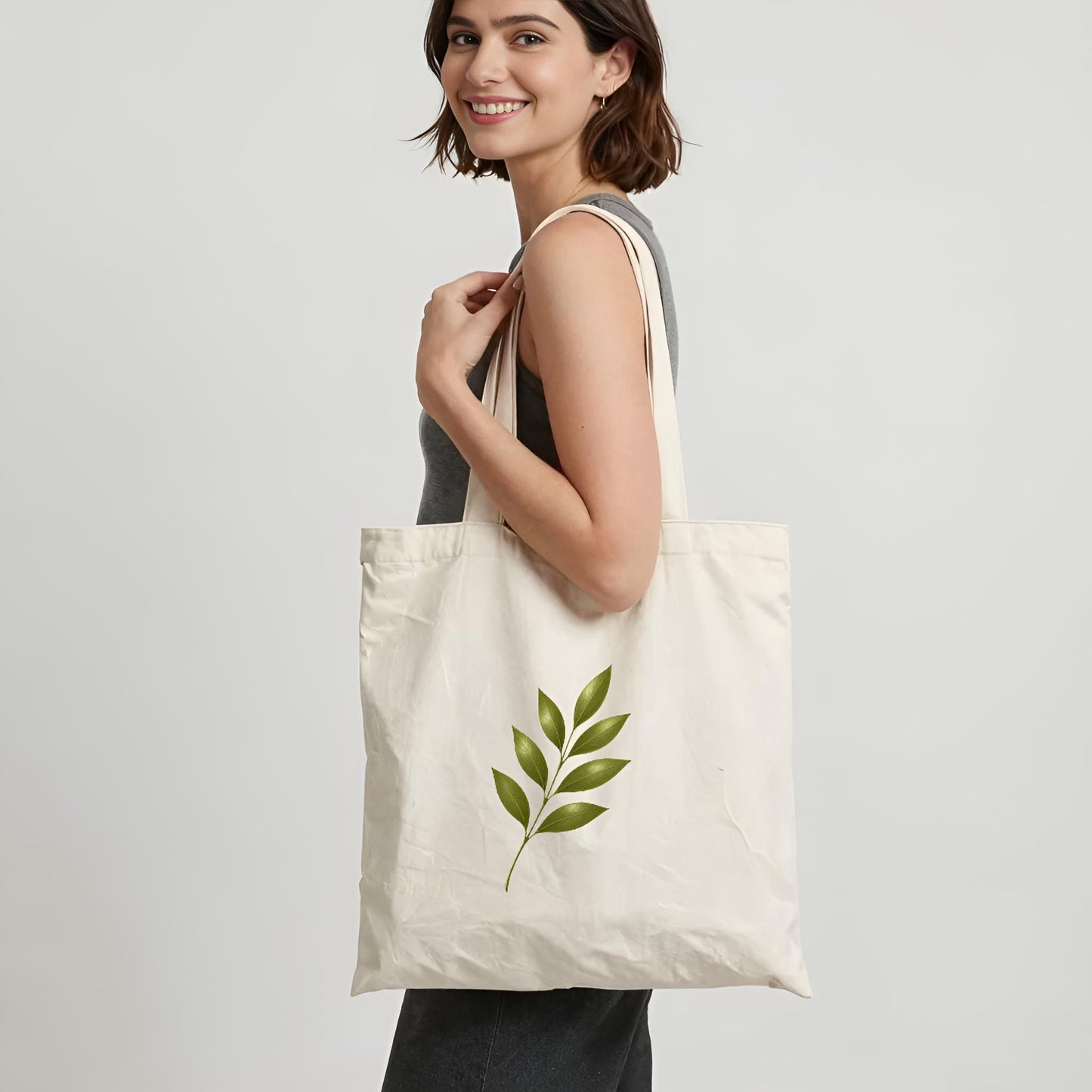 Totebag léger - Élégance naturelle avec tige et feuilles vertes